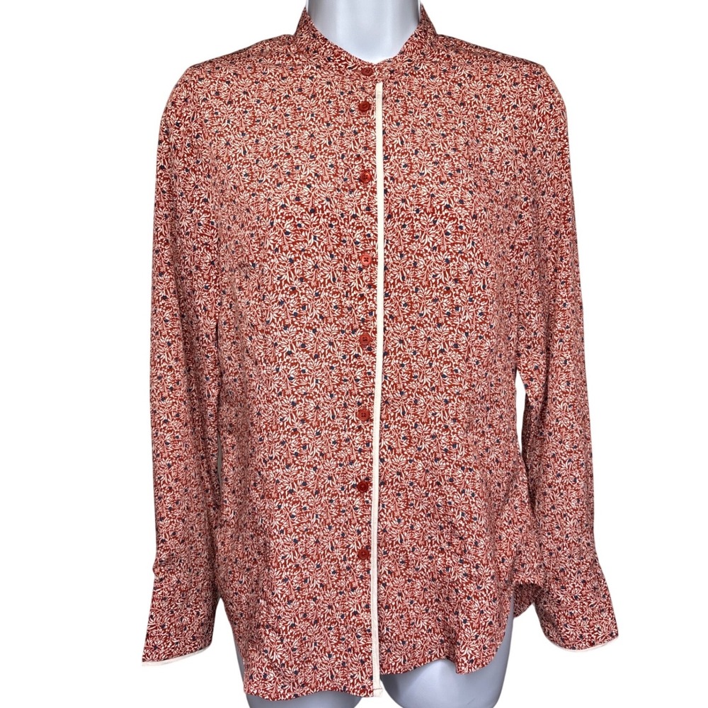 THE SHIRT x ROCHELLE BEHRENS Orange Floral Blouse XS Band Collar Polished Career